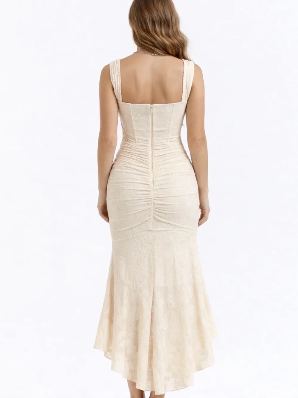 Lace Mermaid Romantic Sleeveless Dress Long With Rouched Back Tapered Train SZ S - Picture 2 of 7